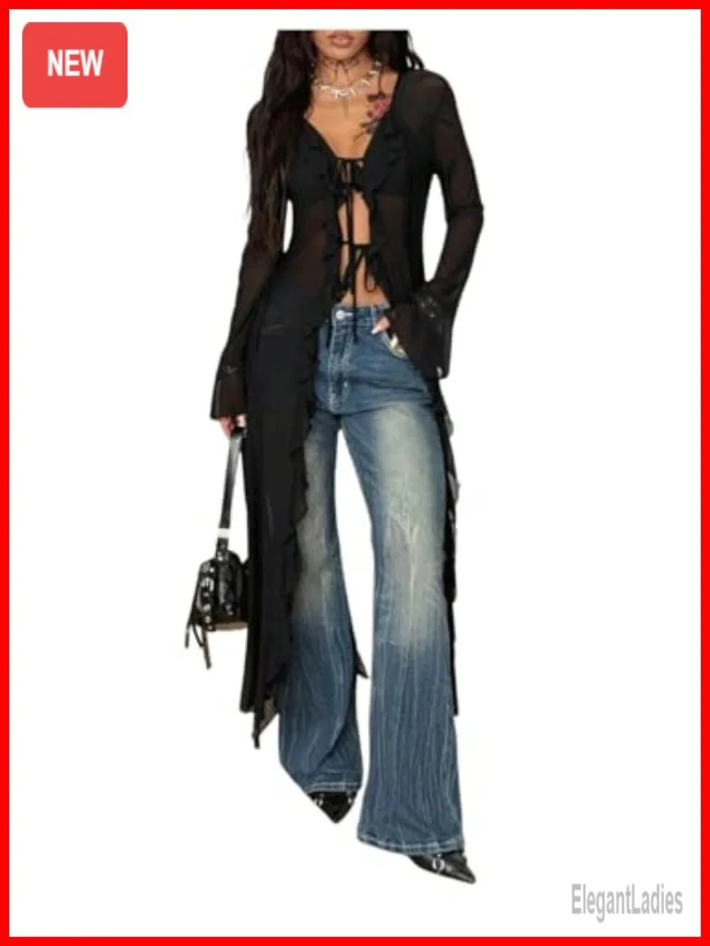 Sheer Mesh Ruffle Bell Long Sleeve Tie Front Cardigan Y2K See Through Top